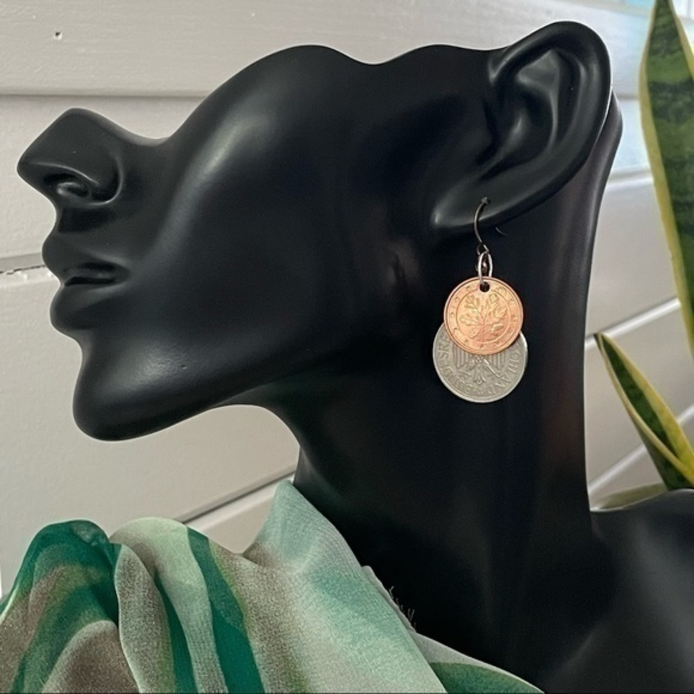 2/$29 Handmade Repurposed Metal Mashup Coin Earrings 1.75” Upcycled NWT Money